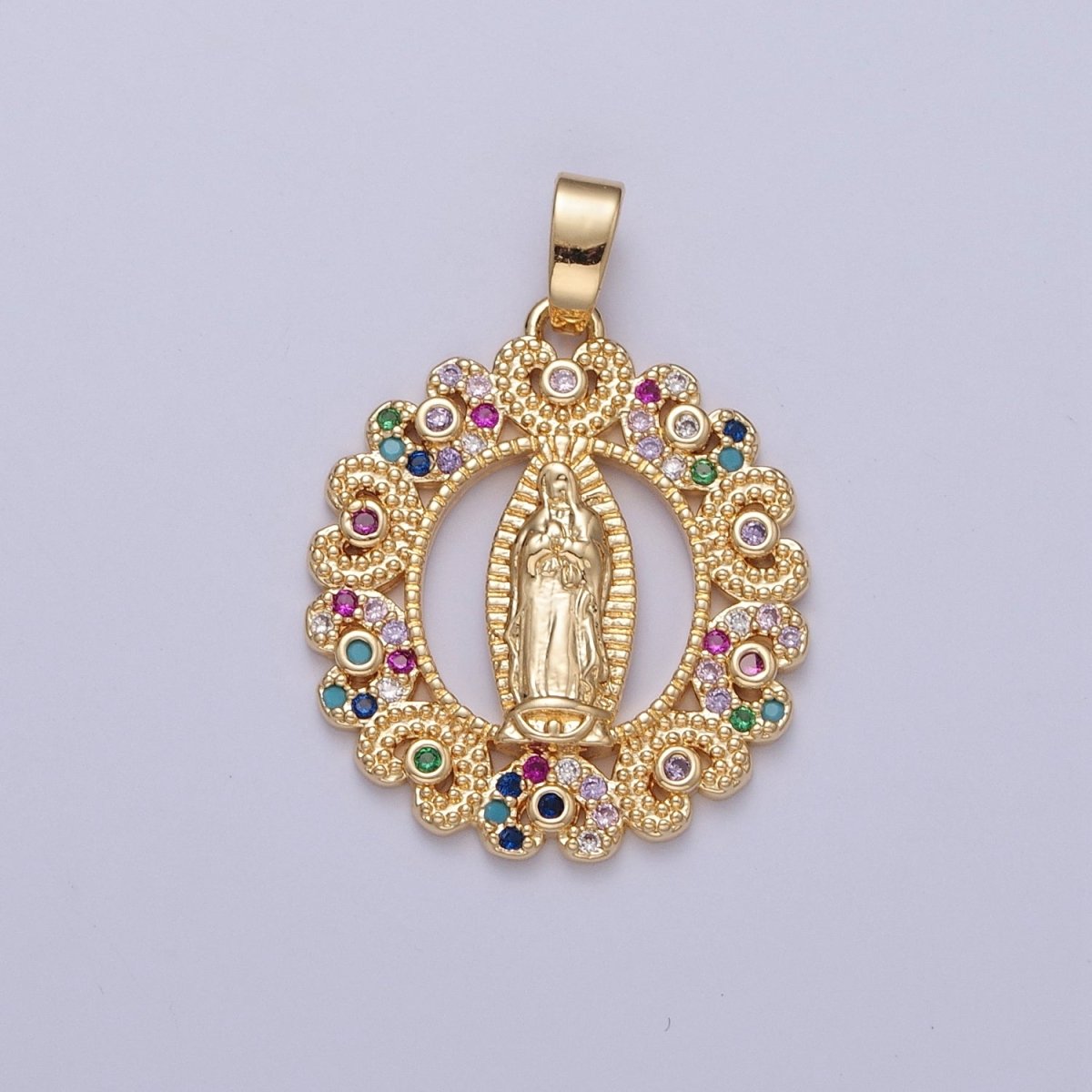 Gold Our Lady of Guadalupe Clear, Rainbow Cubic Zirconia Detailed Medallion Pendant | X-320 X-321