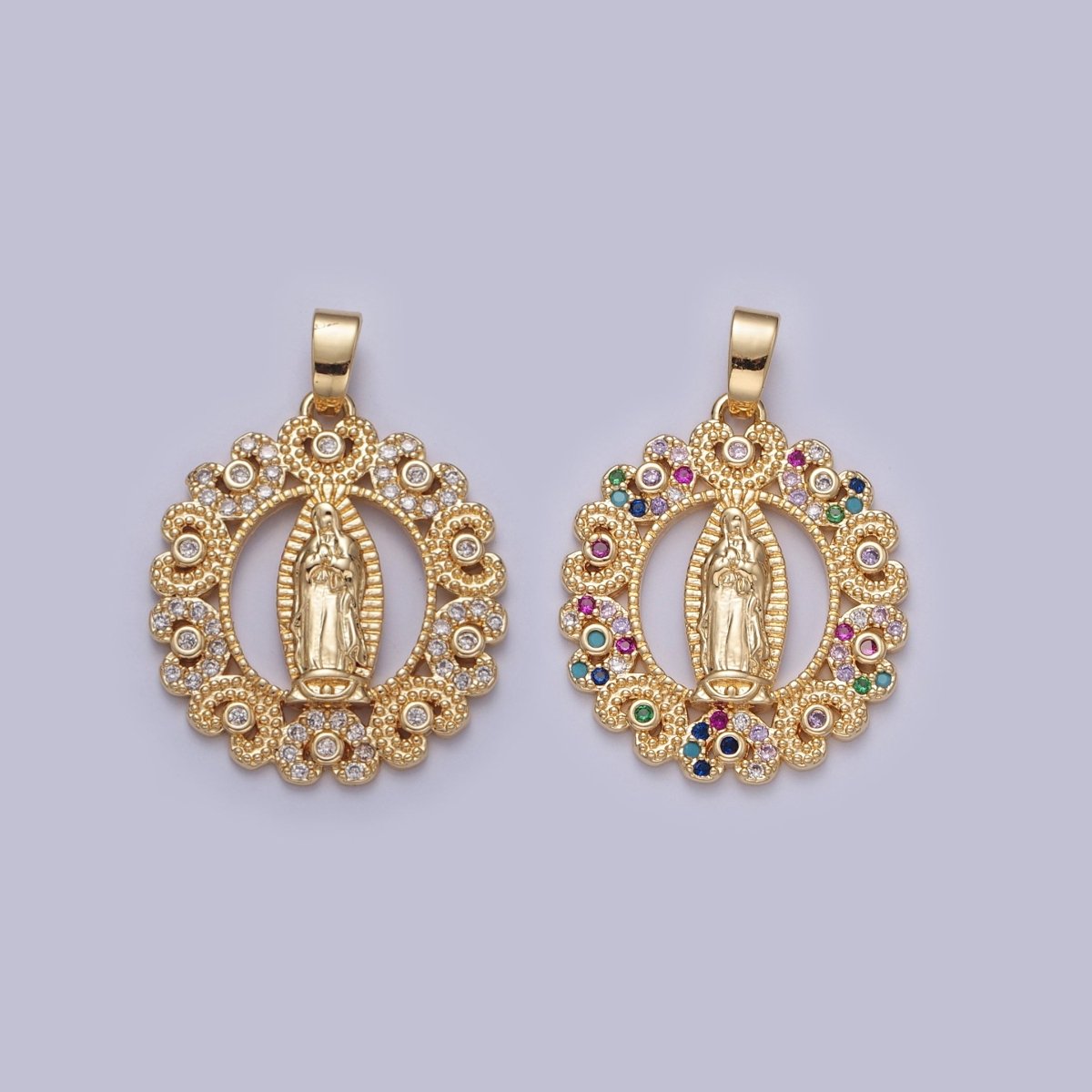 Gold Our Lady of Guadalupe Clear, Rainbow Cubic Zirconia Detailed Medallion Pendant | X-320 X-321