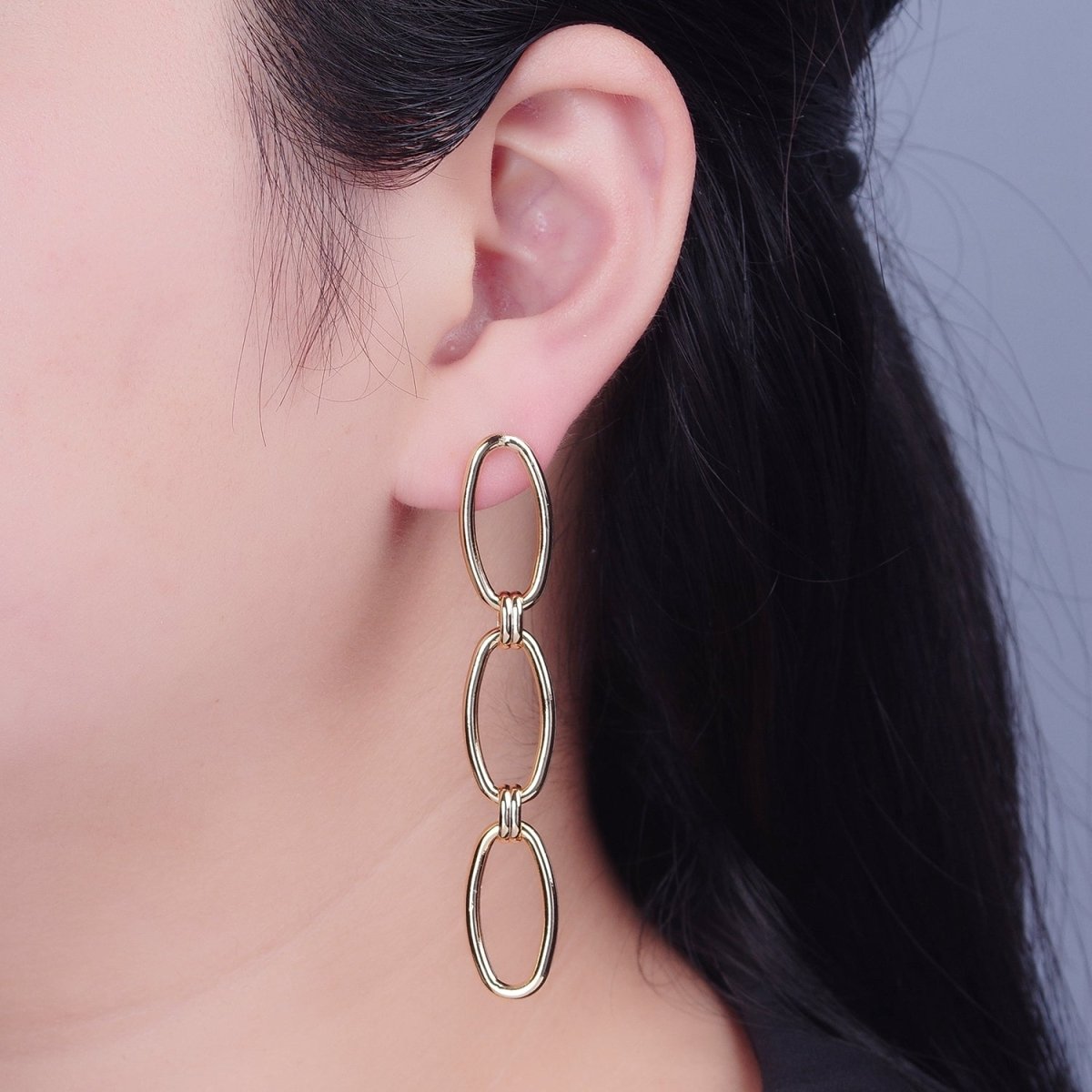 Gold Oval Chain Link Earring Drop Stud Earring T-513