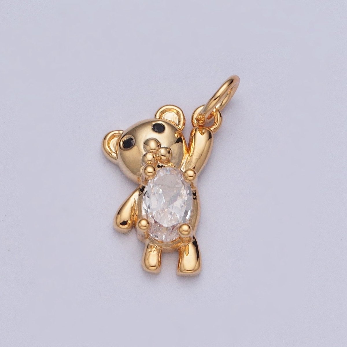 Gold Oval Clear CZ Teddy Bear Holding On Charm For DIY Jewelry Making | X-205
