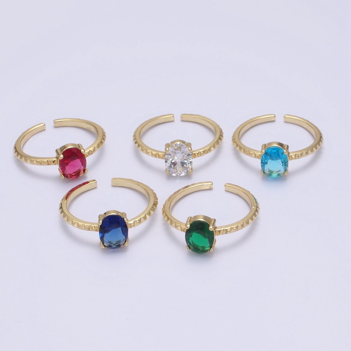 Gold Oval Cut Blue Pink Green Clear Aqua CZ Dainty Cocktail Ring Open Adjustable U-249~U-253
