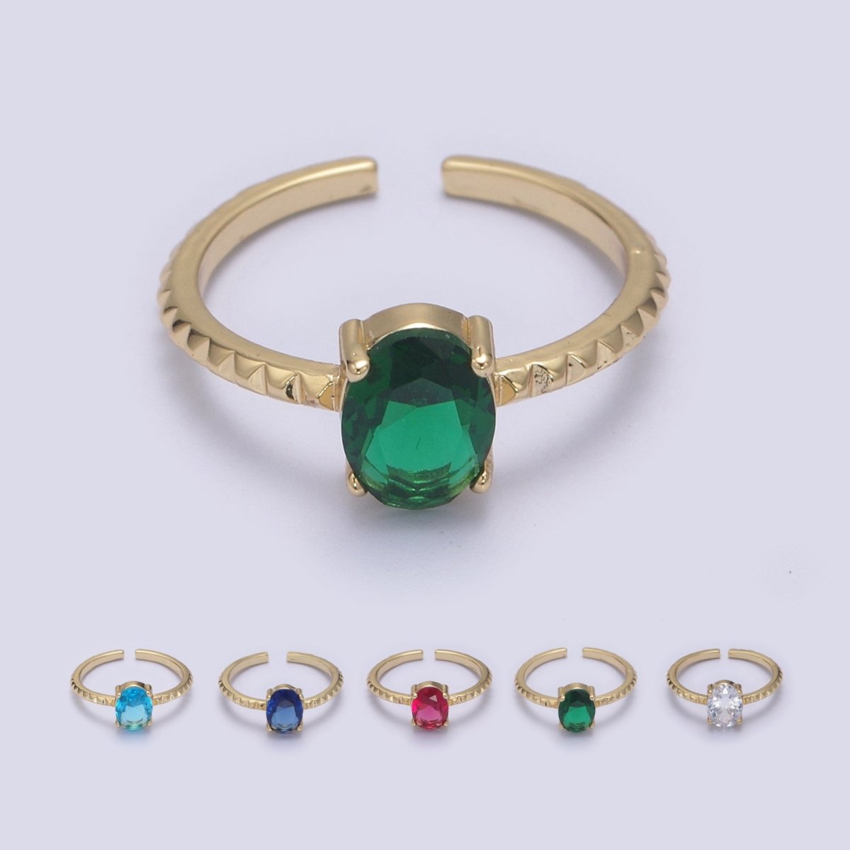 Gold Oval Cut Blue Pink Green Clear Aqua CZ Dainty Cocktail Ring Open Adjustable U-249~U-253