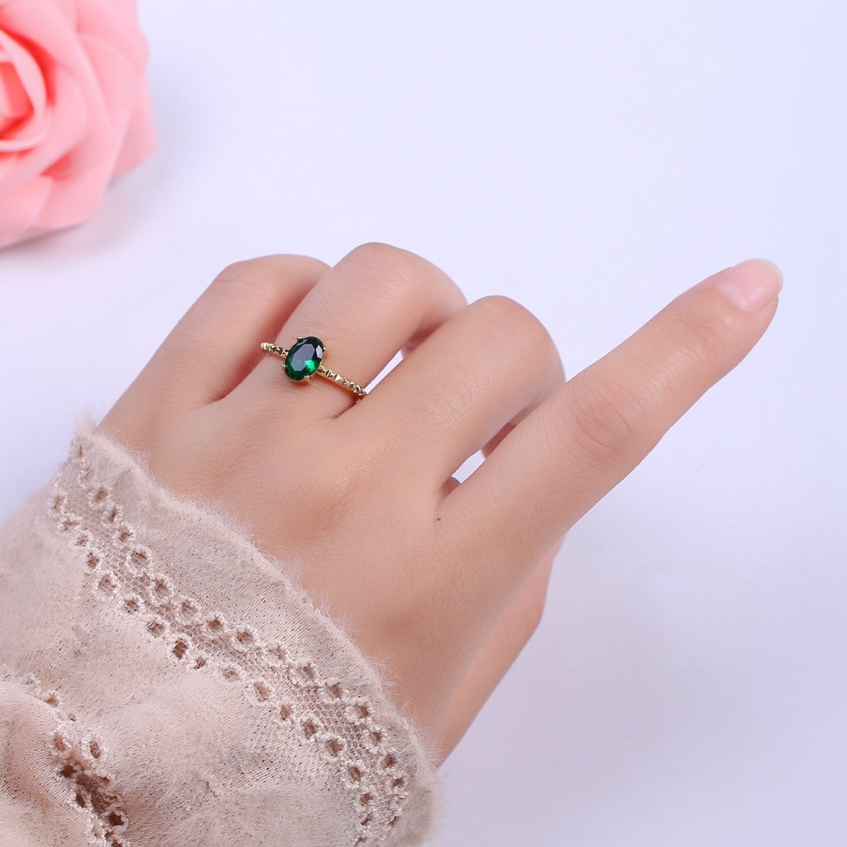 Gold Oval Cut Blue Pink Green Clear Aqua CZ Dainty Cocktail Ring Open Adjustable U-249~U-253