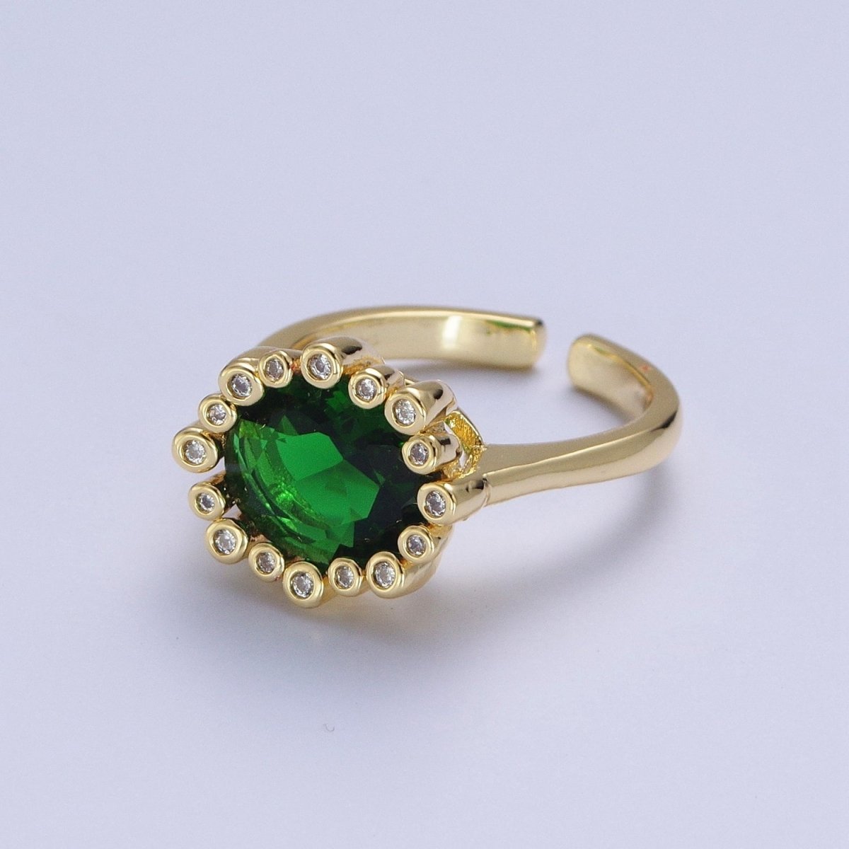 Gold Oval Emerald Green & Round Clear Cubic Zirconia Adjustable Ring R-004
