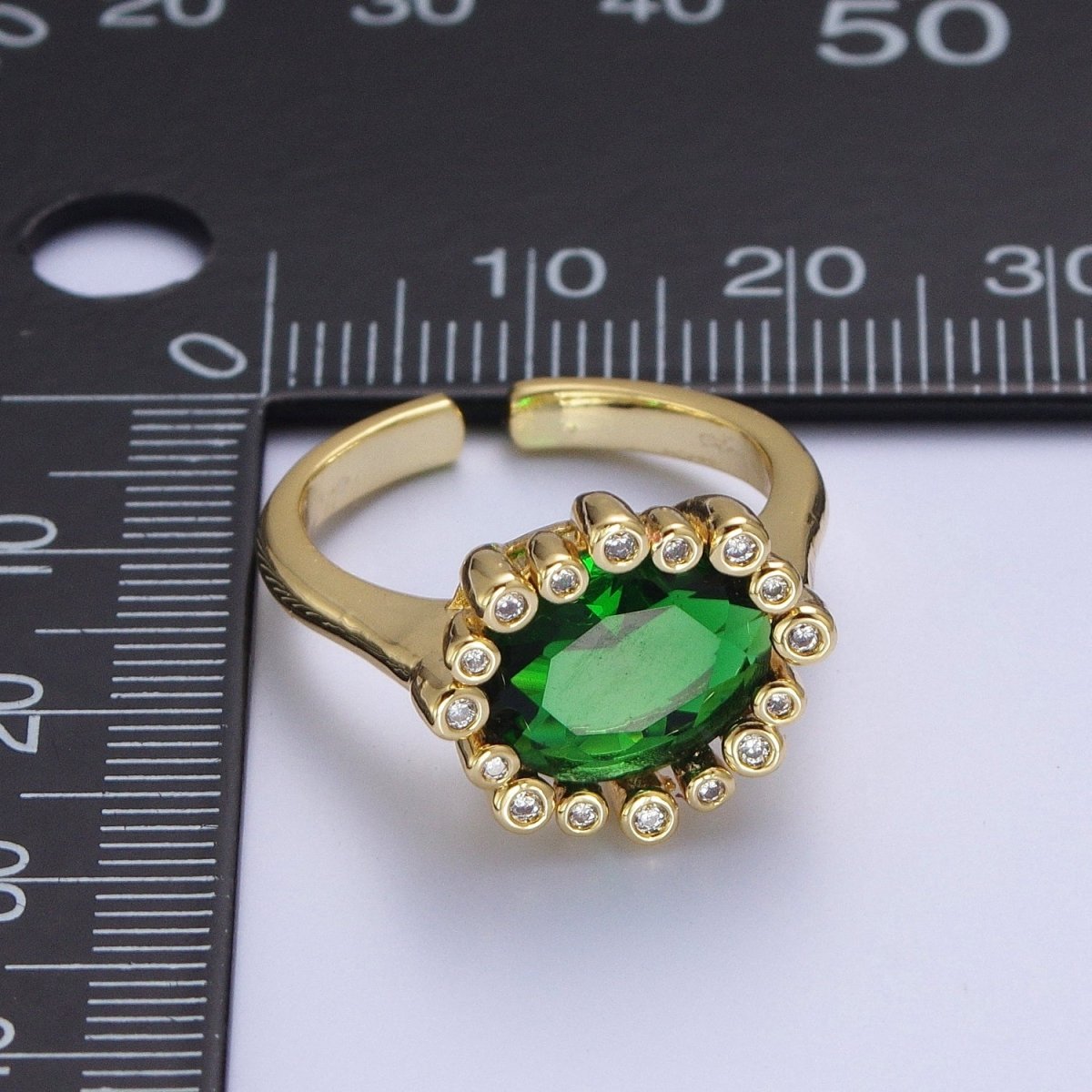 Gold Oval Emerald Green & Round Clear Cubic Zirconia Adjustable Ring R-004