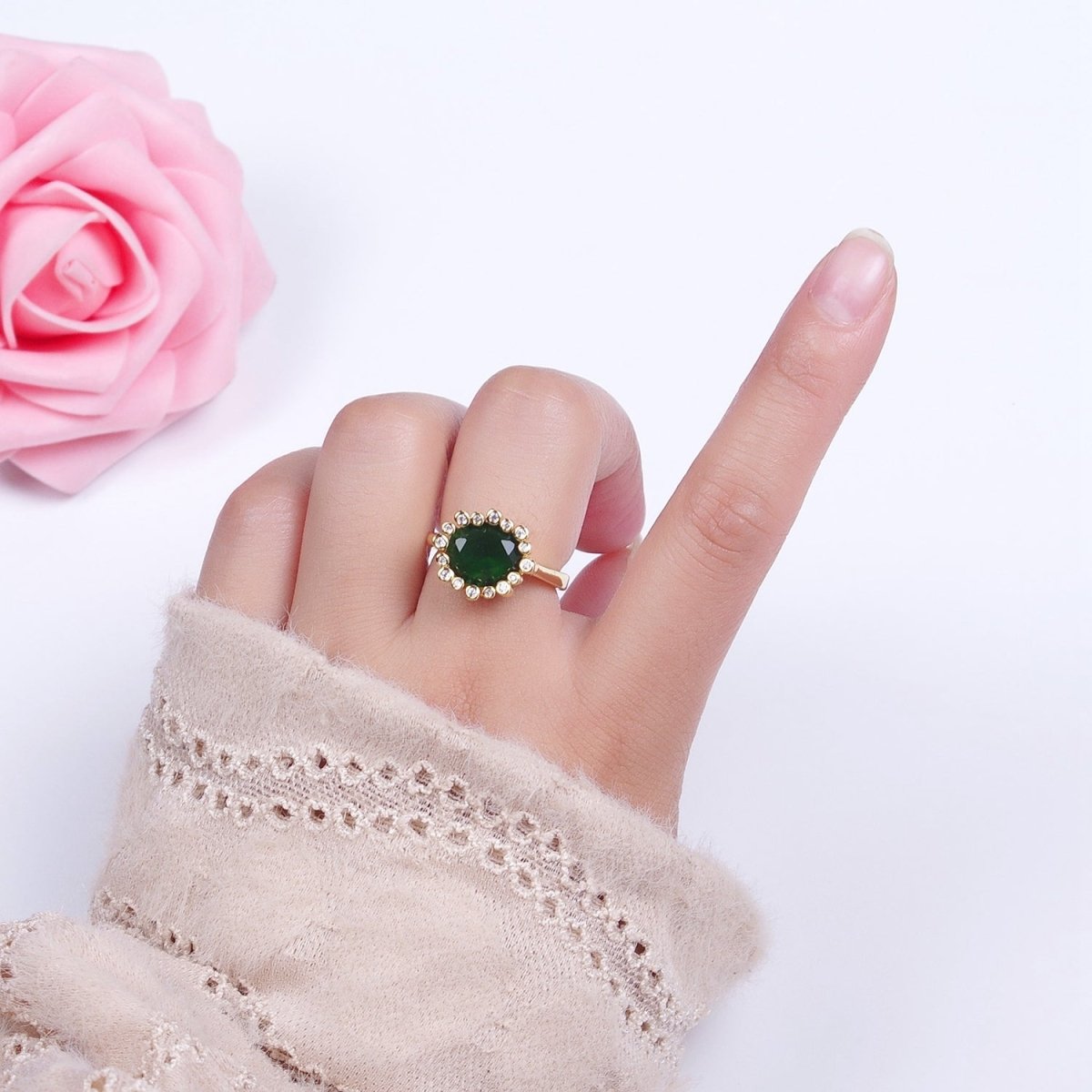 Gold Oval Emerald Green & Round Clear Cubic Zirconia Adjustable Ring R-004