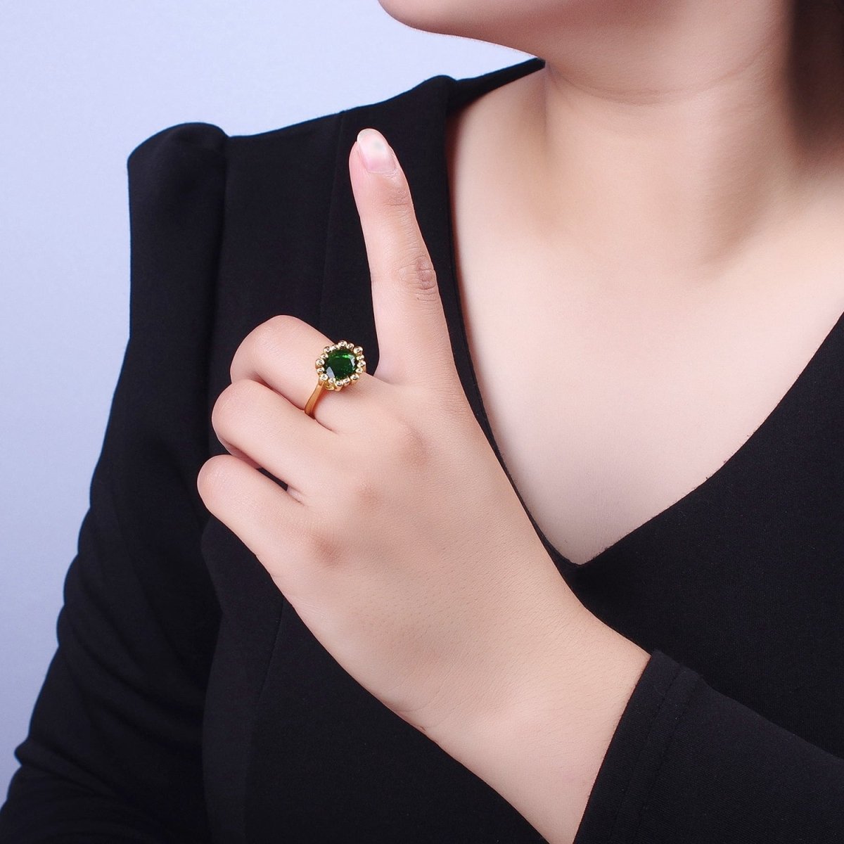 Gold Oval Emerald Green & Round Clear Cubic Zirconia Adjustable Ring R-004