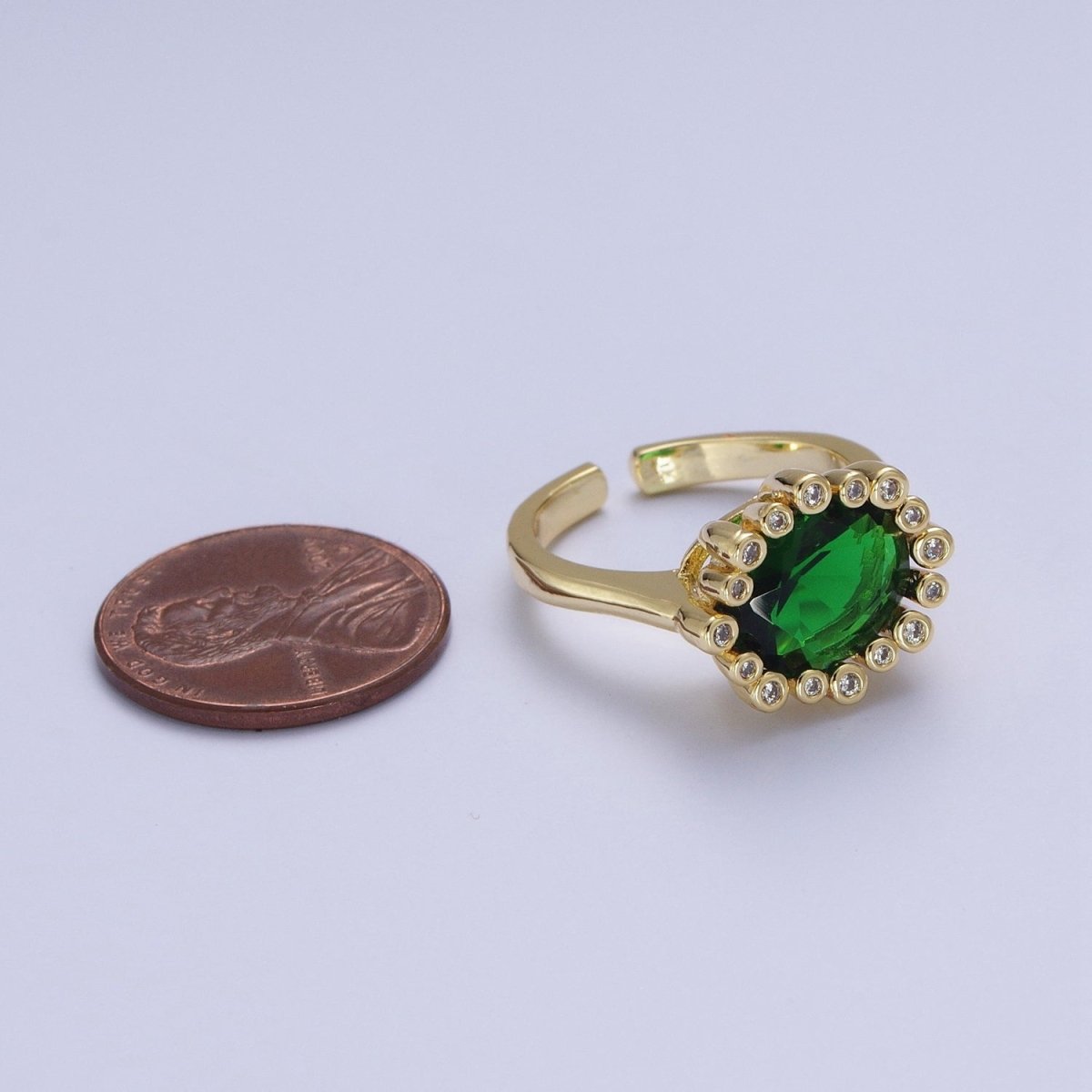 Gold Oval Emerald Green & Round Clear Cubic Zirconia Adjustable Ring R-004
