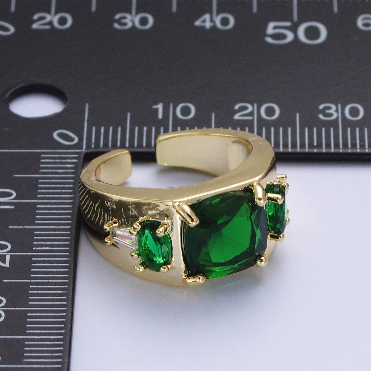 Gold Oval Emerald Green & White Baguette Cubic Zirconia Wide Band Statement Ring R-002