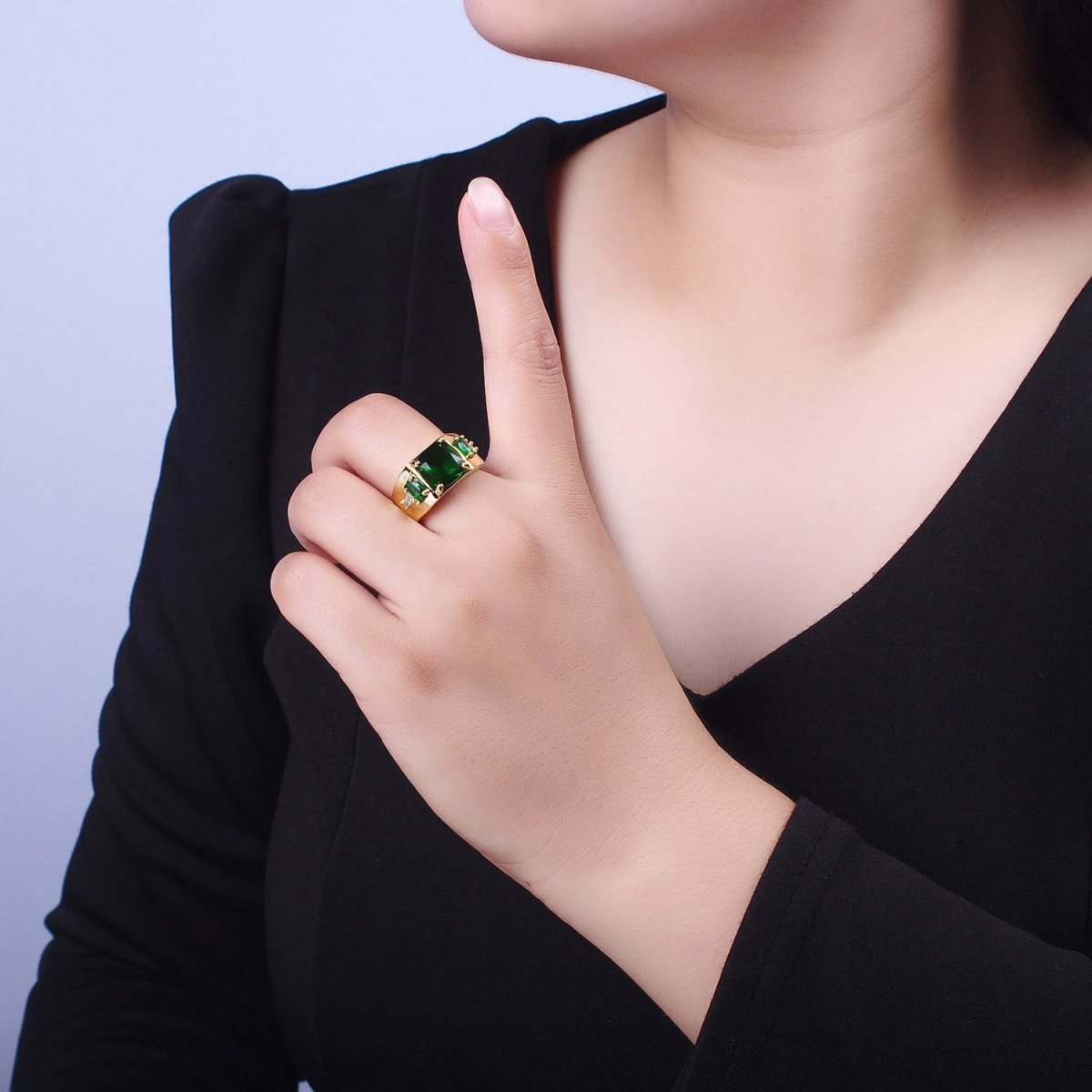 Gold Oval Emerald Green & White Baguette Cubic Zirconia Wide Band Statement Ring R-002