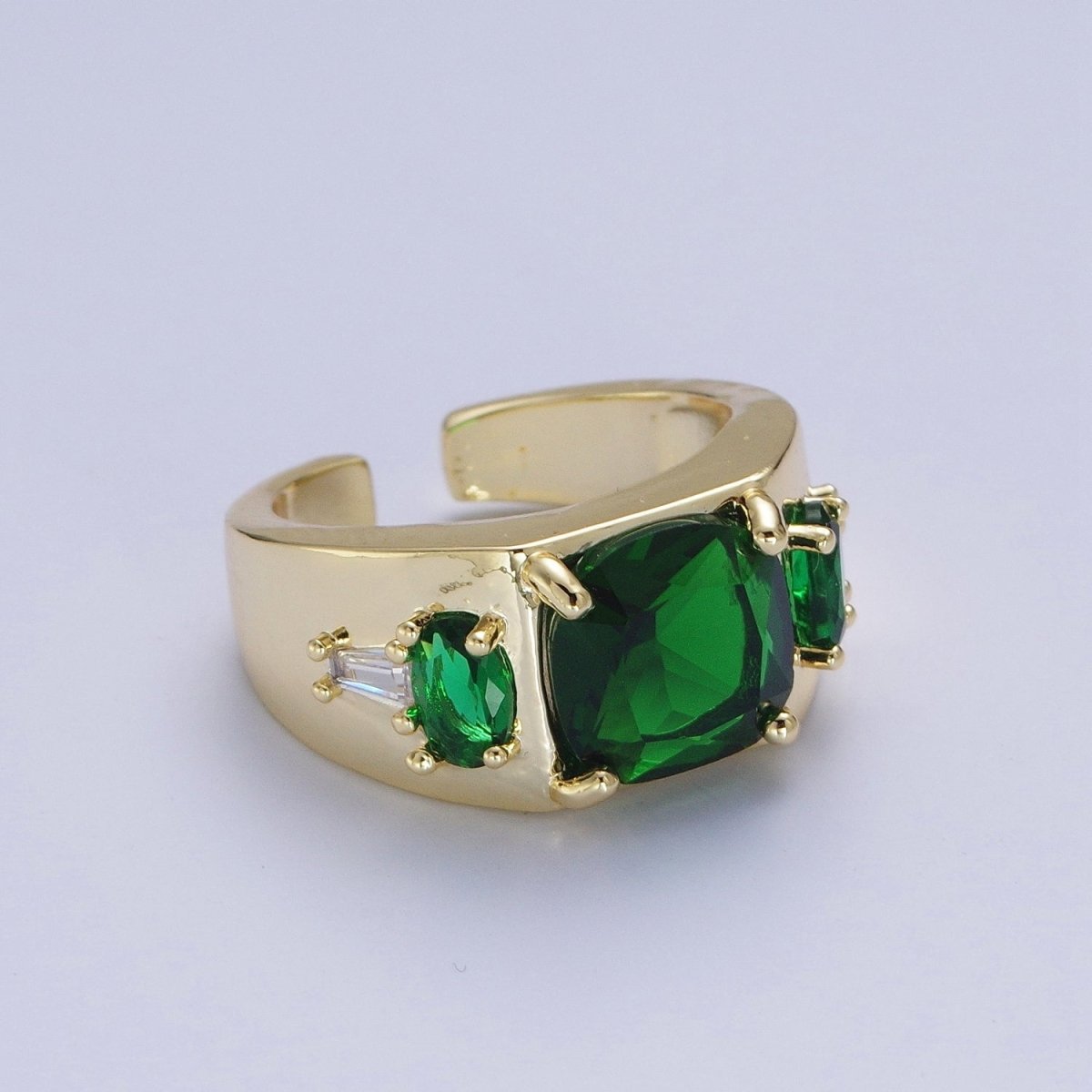 Gold Oval Emerald Green & White Baguette Cubic Zirconia Wide Band Statement Ring R-002