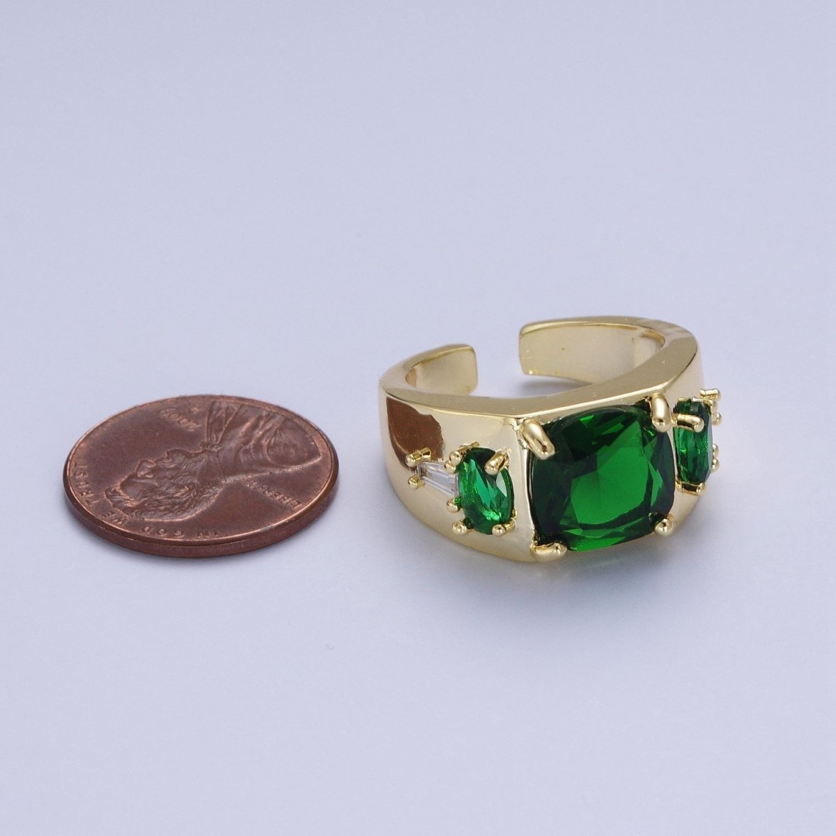 Gold Oval Emerald Green & White Baguette Cubic Zirconia Wide Band Statement Ring R-002