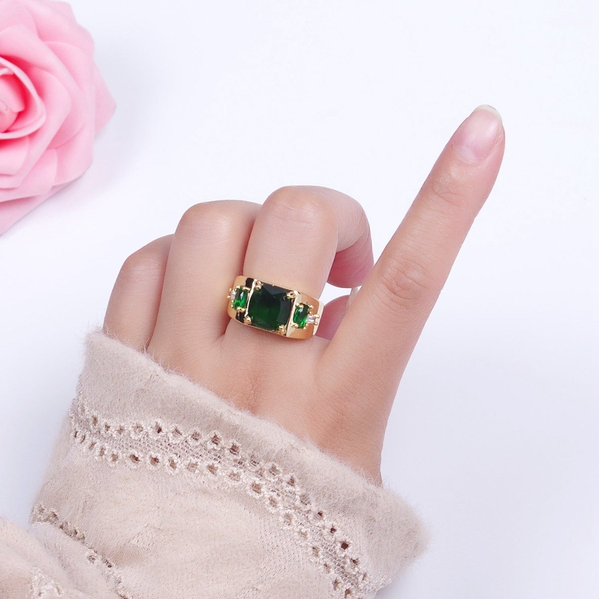 Gold Oval Emerald Green & White Baguette Cubic Zirconia Wide Band Statement Ring R-002