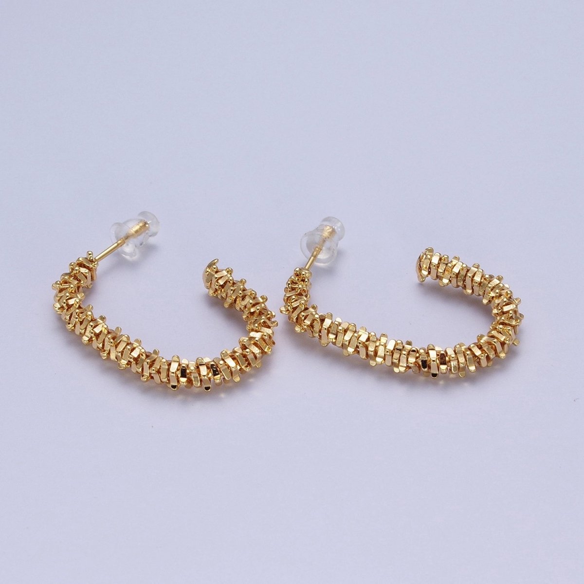 18K Gold Filled 30mm Nugget Rondelle Geometric Textured J-Shaped Hoop Earrings | AE538