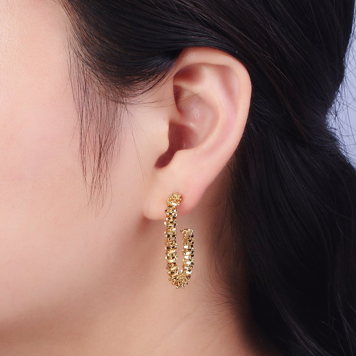 18K Gold Filled 30mm Nugget Rondelle Geometric Textured J-Shaped Hoop Earrings | AE538
