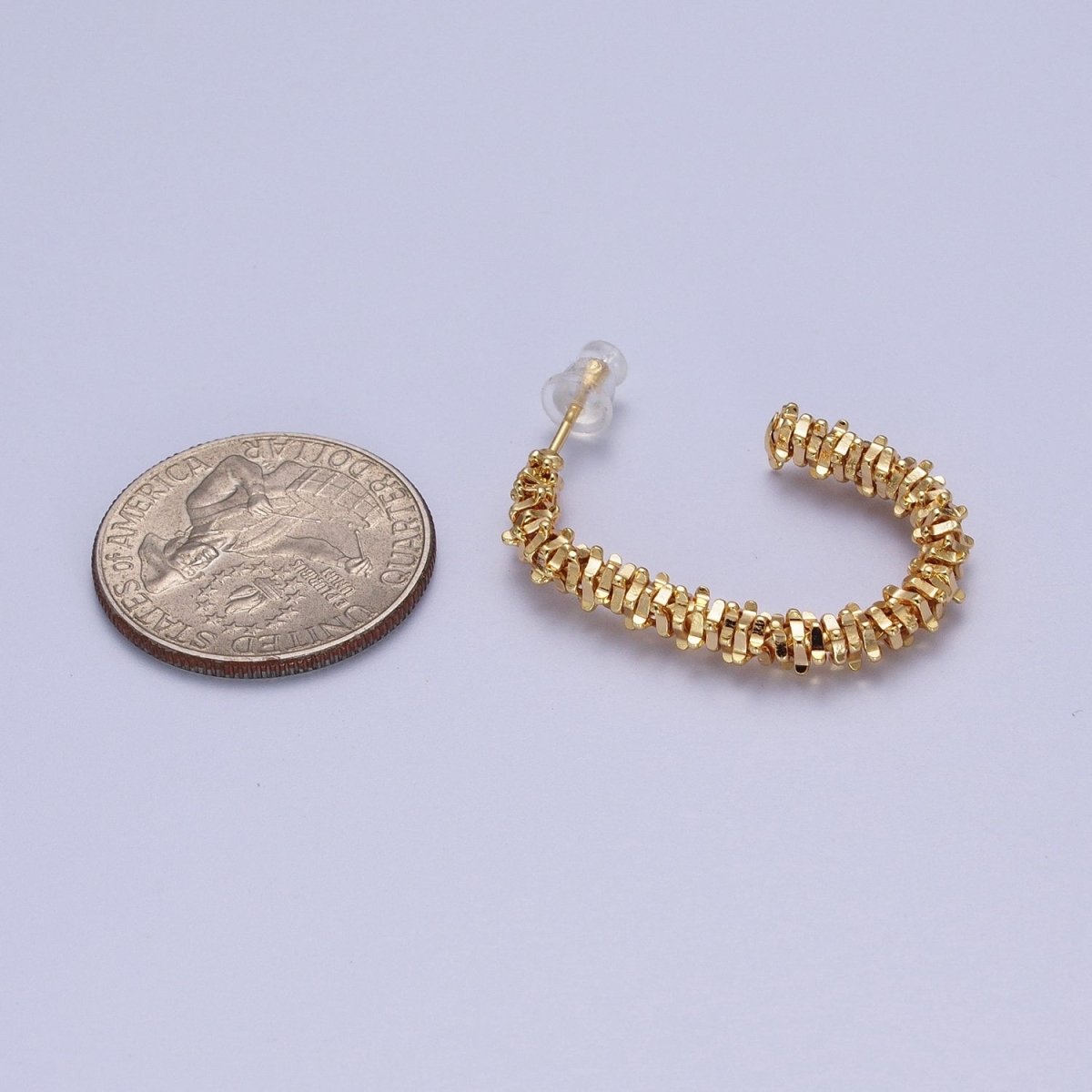 18K Gold Filled 30mm Nugget Rondelle Geometric Textured J-Shaped Hoop Earrings | AE538