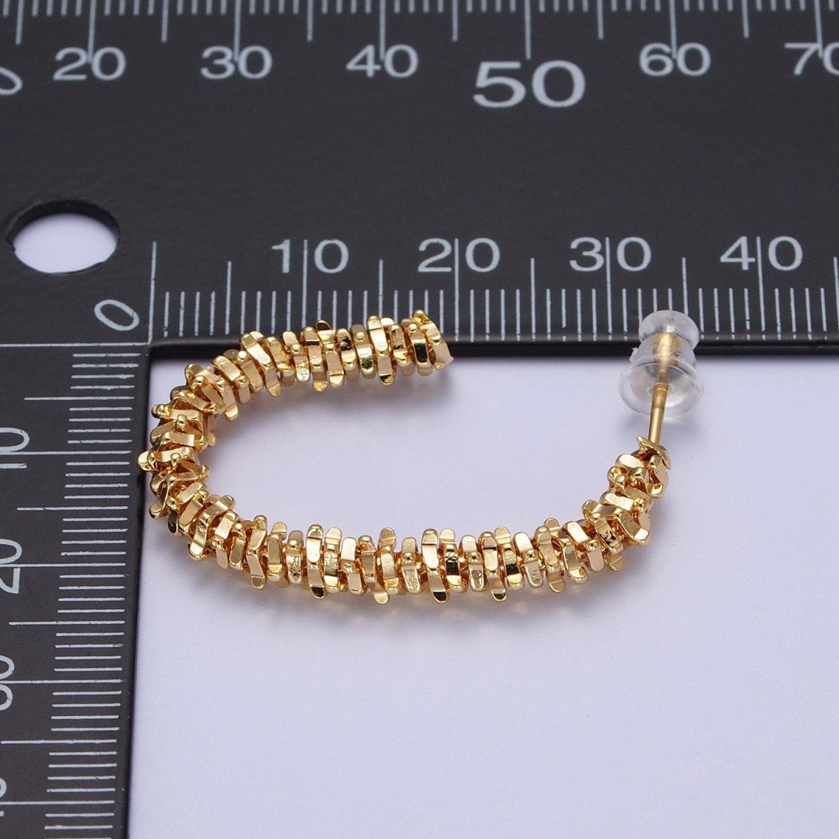 18K Gold Filled 30mm Nugget Rondelle Geometric Textured J-Shaped Hoop Earrings | AE538