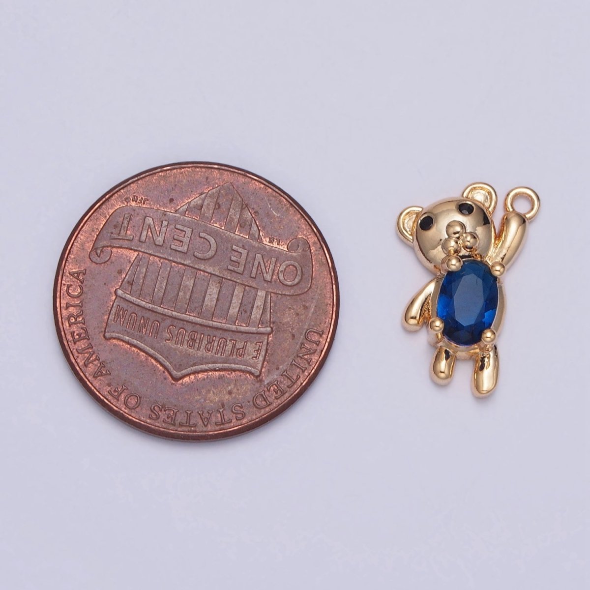 Gold Oval Sapphire Blue Teddy Bear Holding On Charm For DIY Jewelry Making | X-256