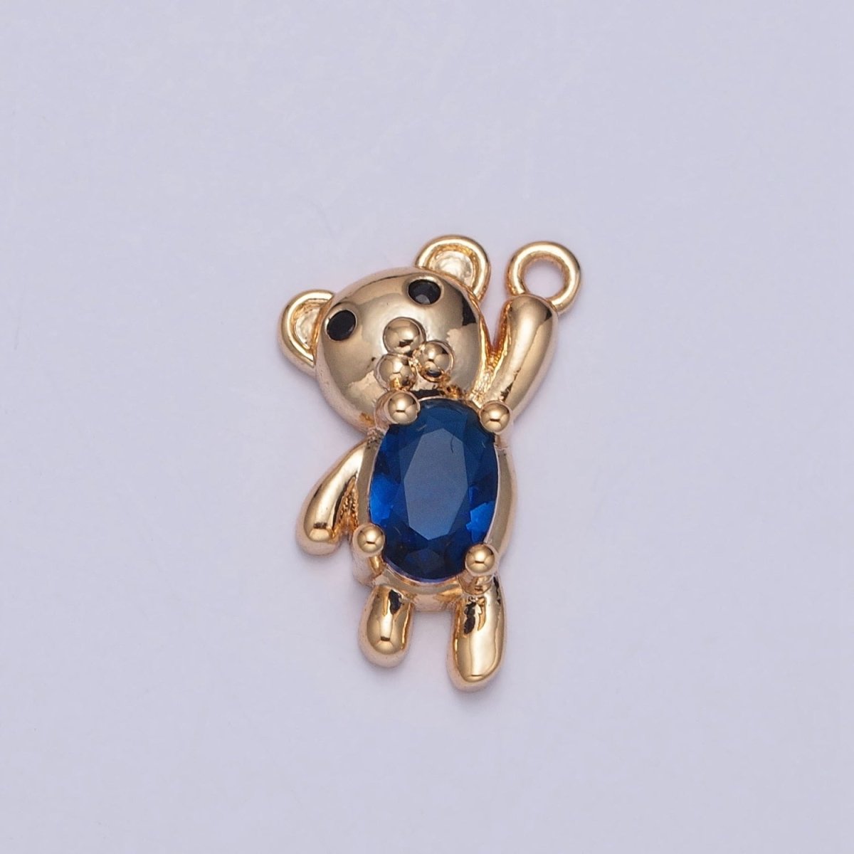 Gold Oval Sapphire Blue Teddy Bear Holding On Charm For DIY Jewelry Making | X-256
