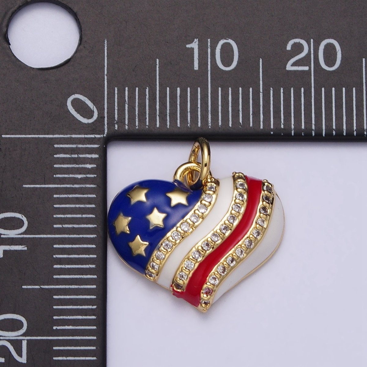 Gold Patriotic American Independence Flag Enamel Micro Paved Heart Charm | AC977