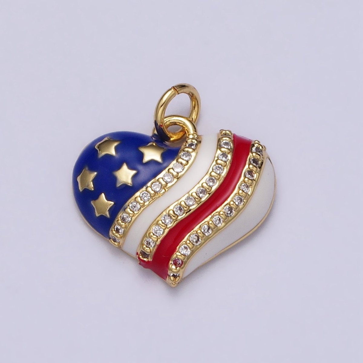 Gold Patriotic American Independence Flag Enamel Micro Paved Heart Charm | AC977