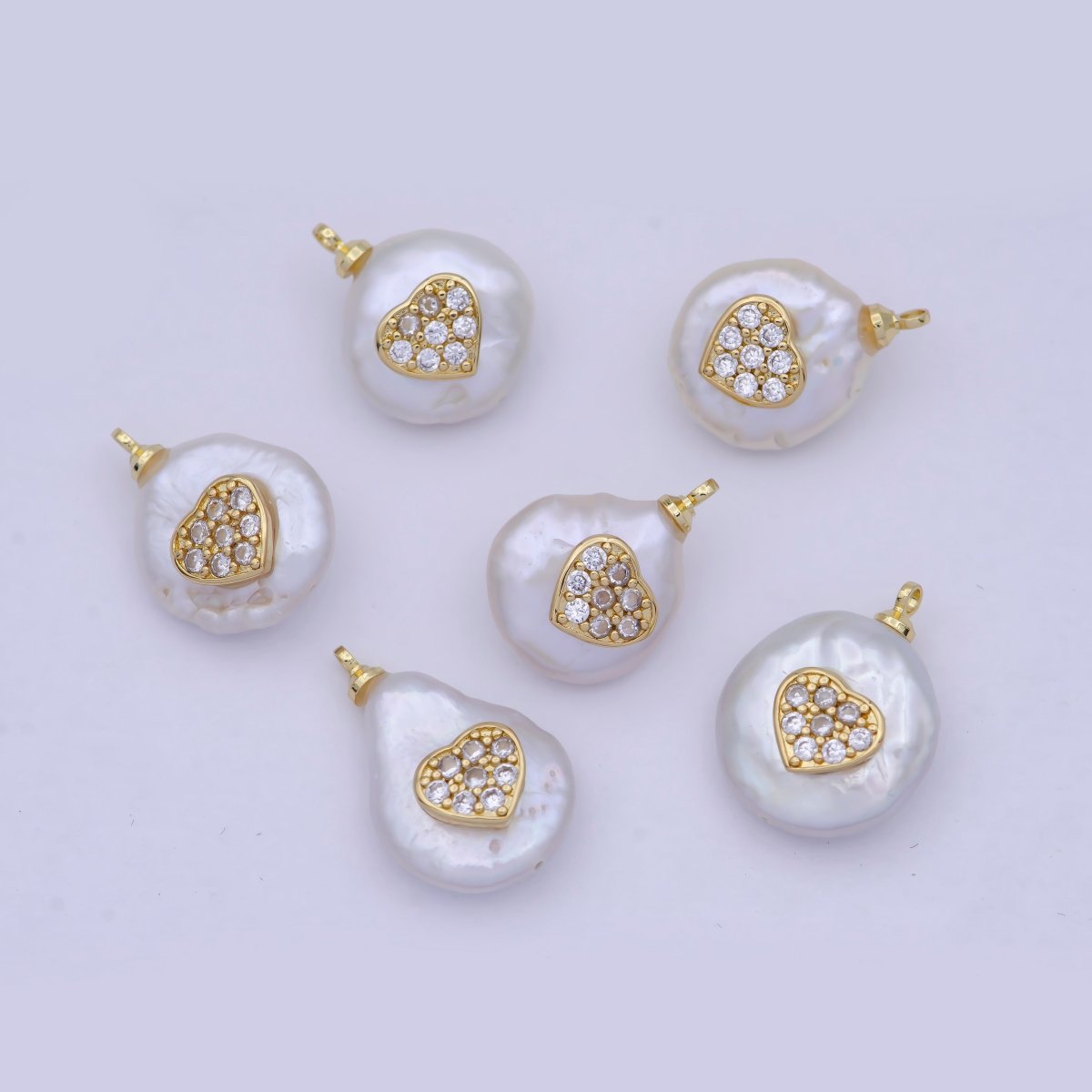 Gold Pave Heart Charm Freeform Freshwater Pearl Charm P-1555