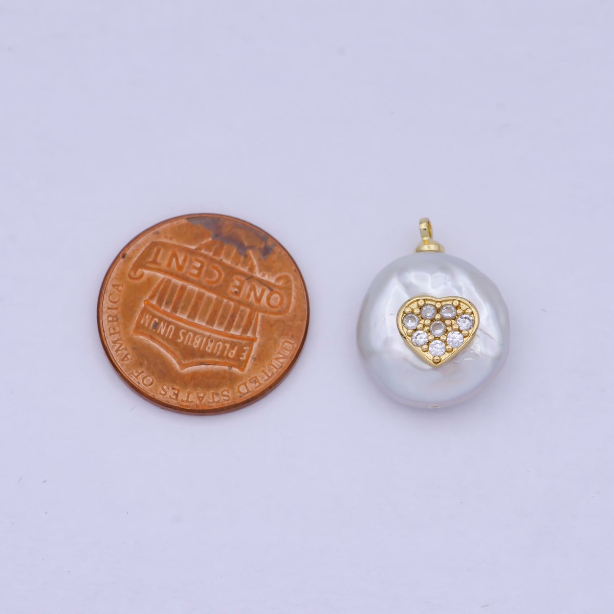 Gold Pave Heart Charm Freeform Freshwater Pearl Charm P-1555