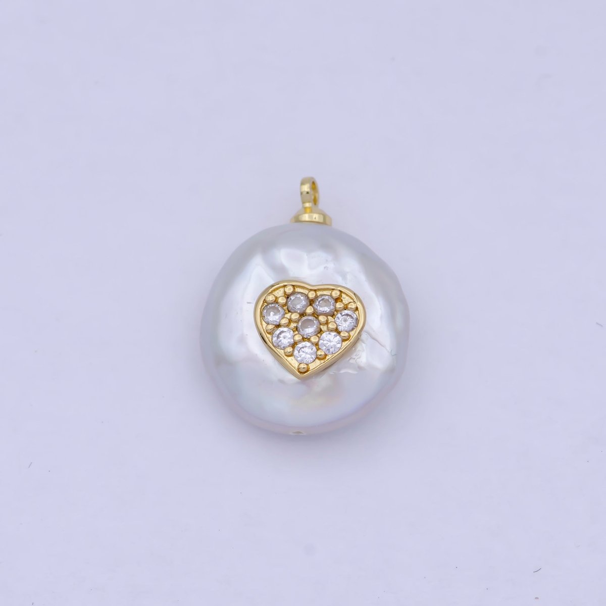 Gold Pave Heart Charm Freeform Freshwater Pearl Charm P-1555