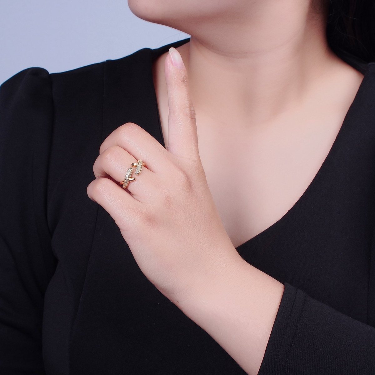Gold Pave X ring Friendship Ring Open Adjustable O-2240