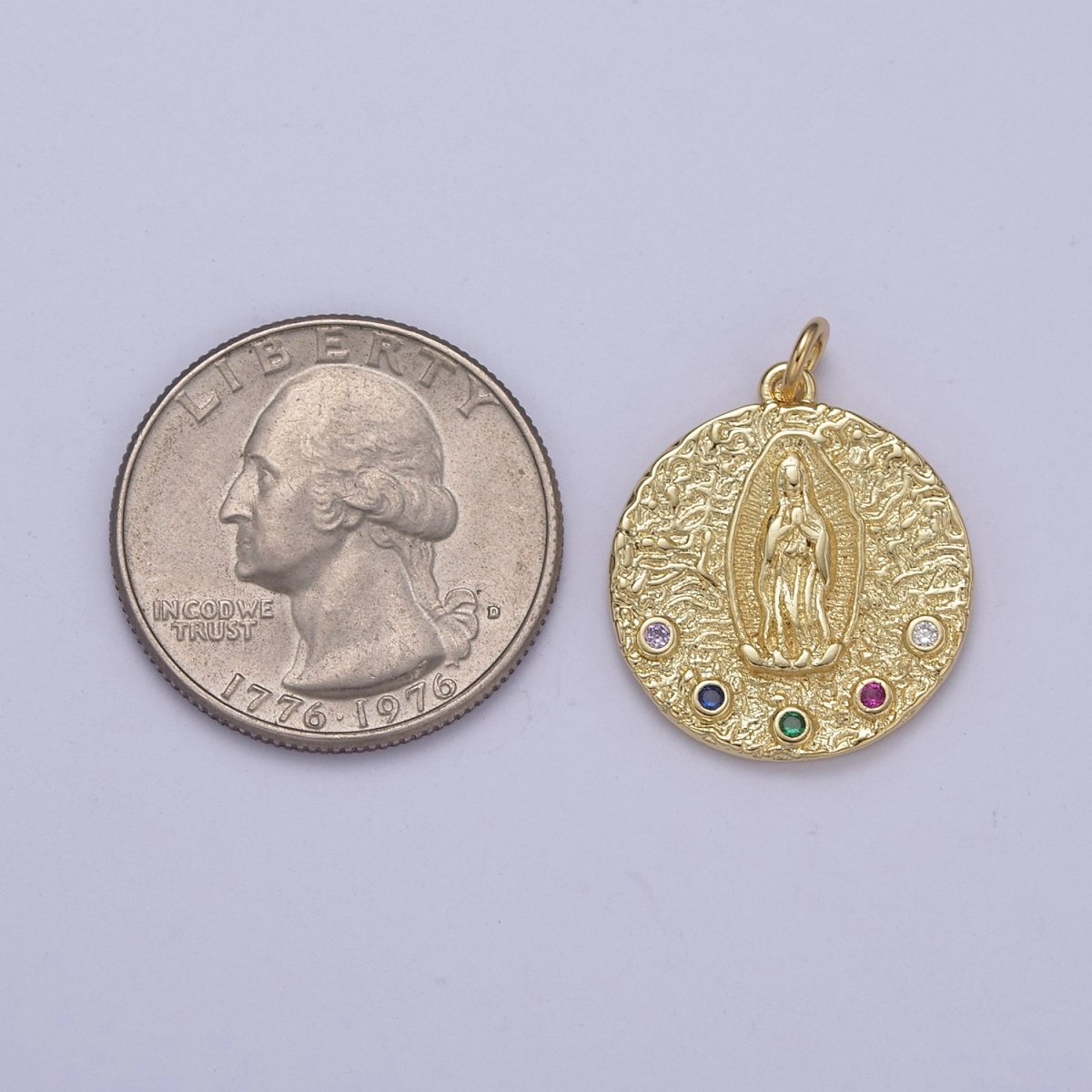 Gold Plated Virgin Guadalupe Charm Necklace, 14k Gold Plated Virgin Mary Shape Round Pendant Necklace E-419