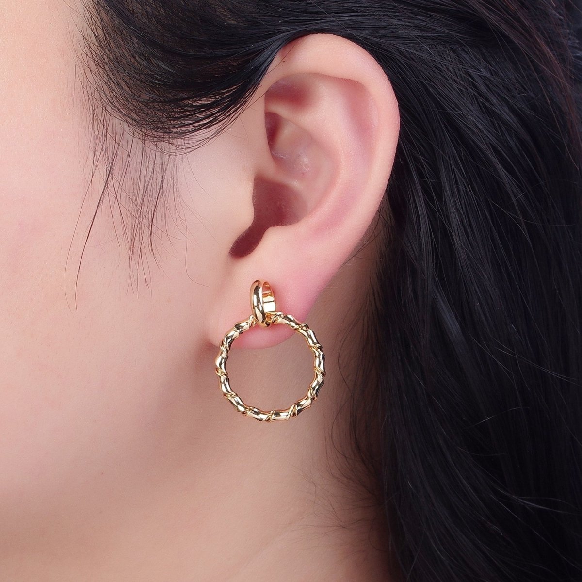 Gold Post Hoop Earrings, Bamboo Hoop Earrings Minimalist Earring V-398