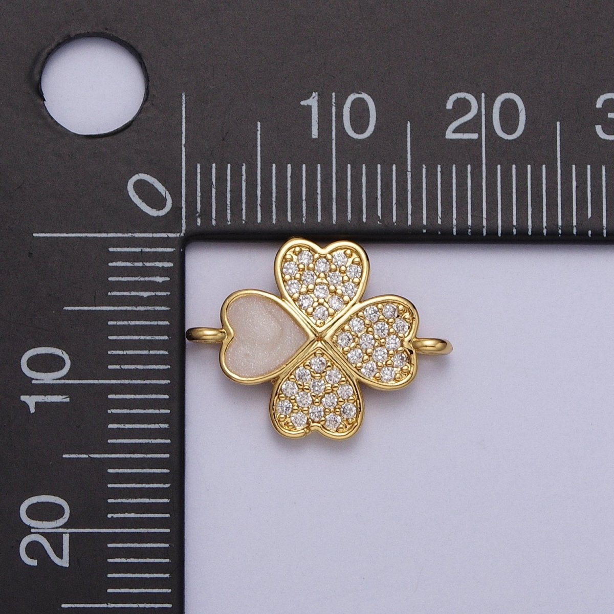 Gold Quatrefoil Clover Clear Micro Paved CZ White Enamel Connector | Y-665