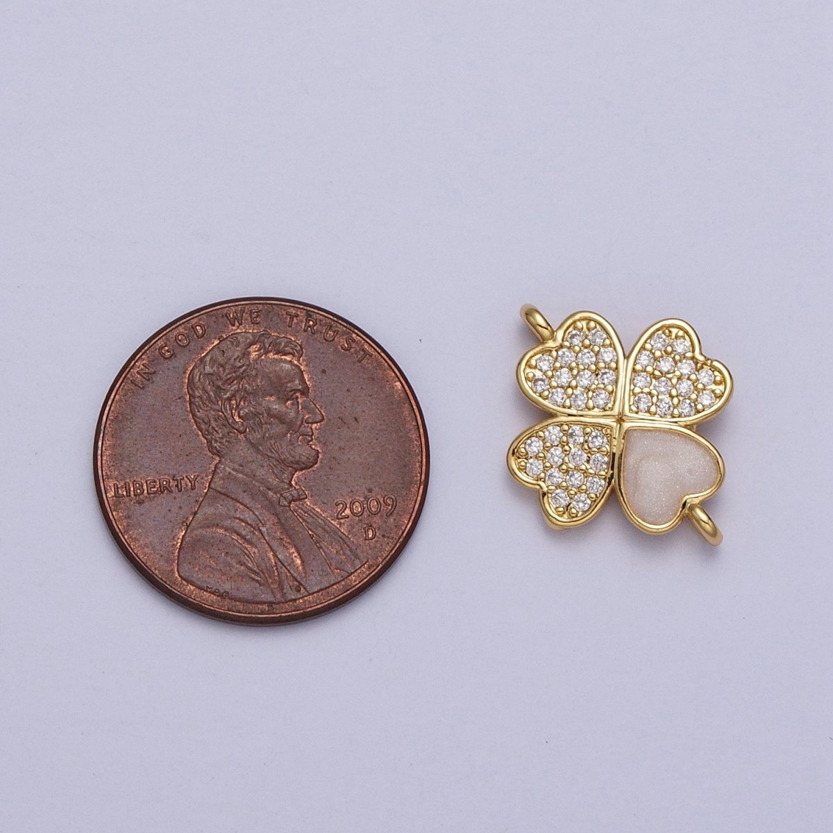 Gold Quatrefoil Clover Clear Micro Paved CZ White Enamel Connector | Y-665