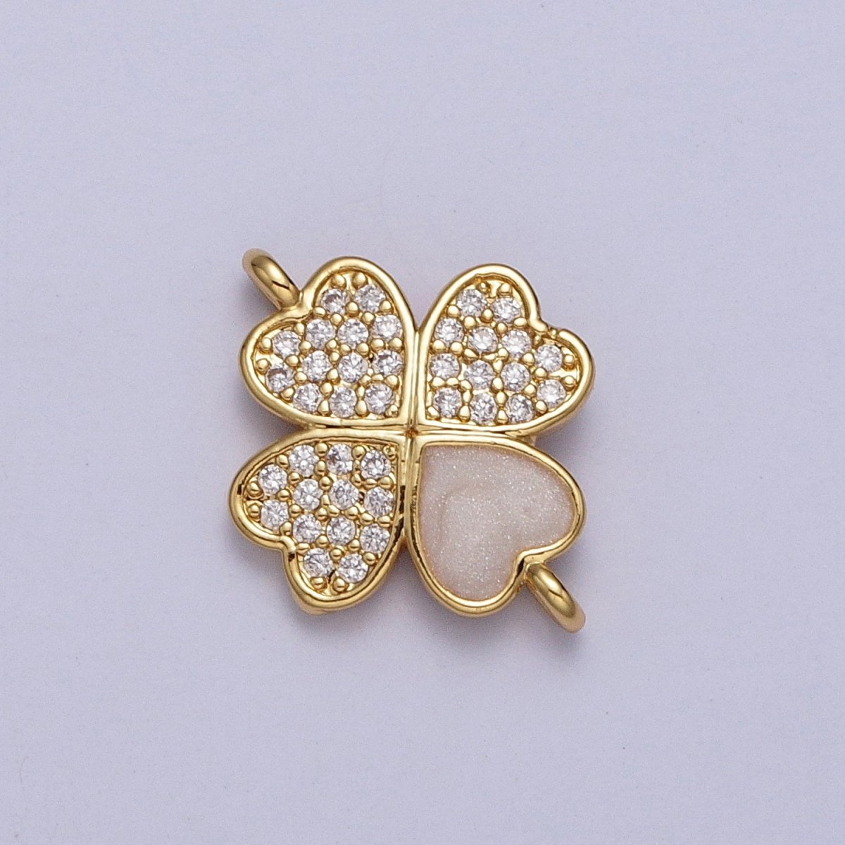 Gold Quatrefoil Clover Clear Micro Paved CZ White Enamel Connector | Y-665