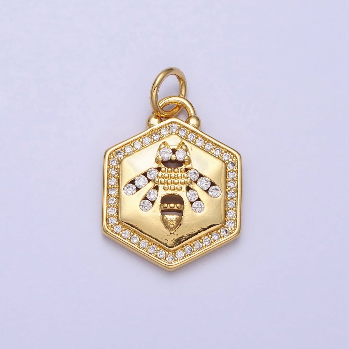 Gold Queen Bumble Bee Insect Micro Paved CZ Hexagonal Charm | AC378