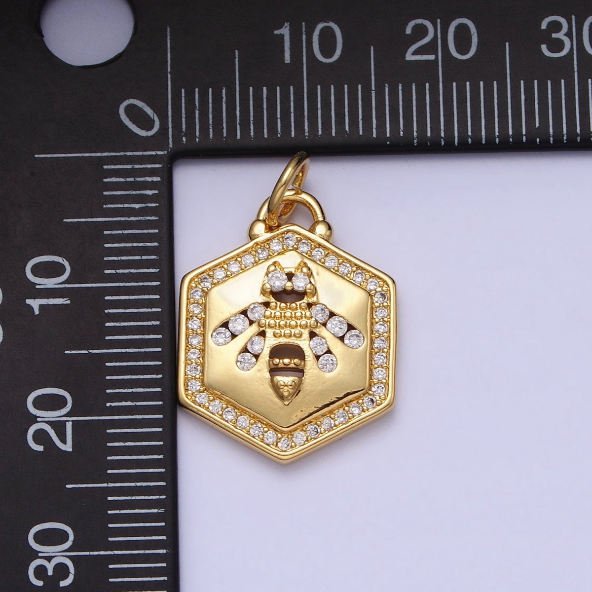 Gold Queen Bumble Bee Insect Micro Paved CZ Hexagonal Charm | AC378