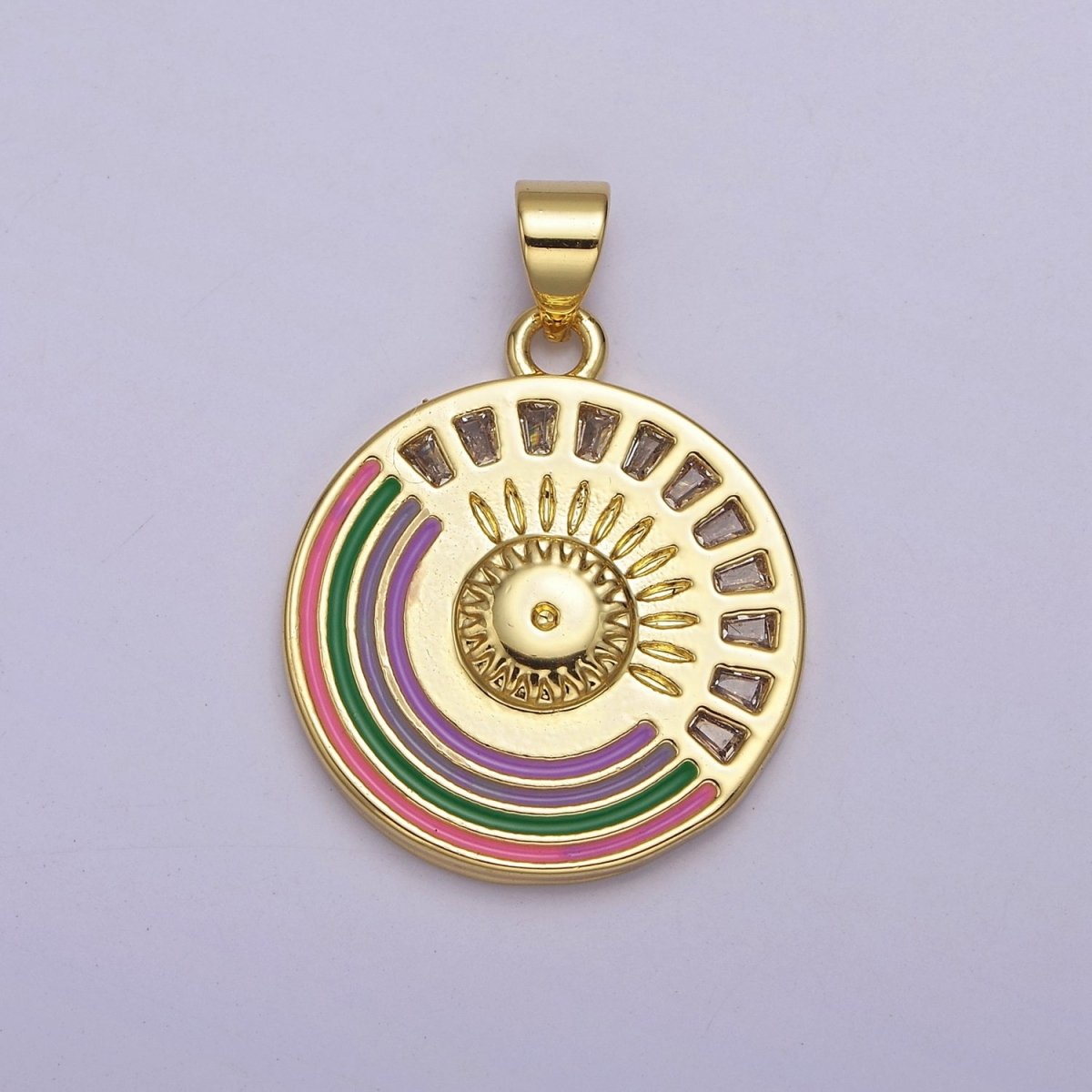 Gold Rainbow Medallion Pendant Round Disc Celestial Jewelry for Necklace Earring Charm J-069