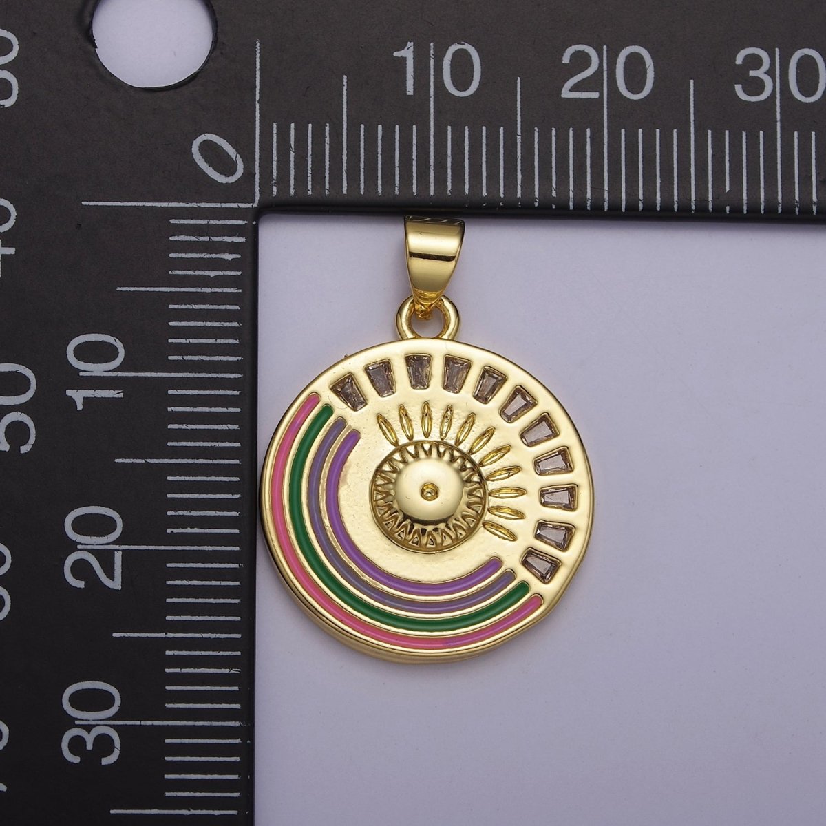 Gold Rainbow Medallion Pendant Round Disc Celestial Jewelry for Necklace Earring Charm J-069