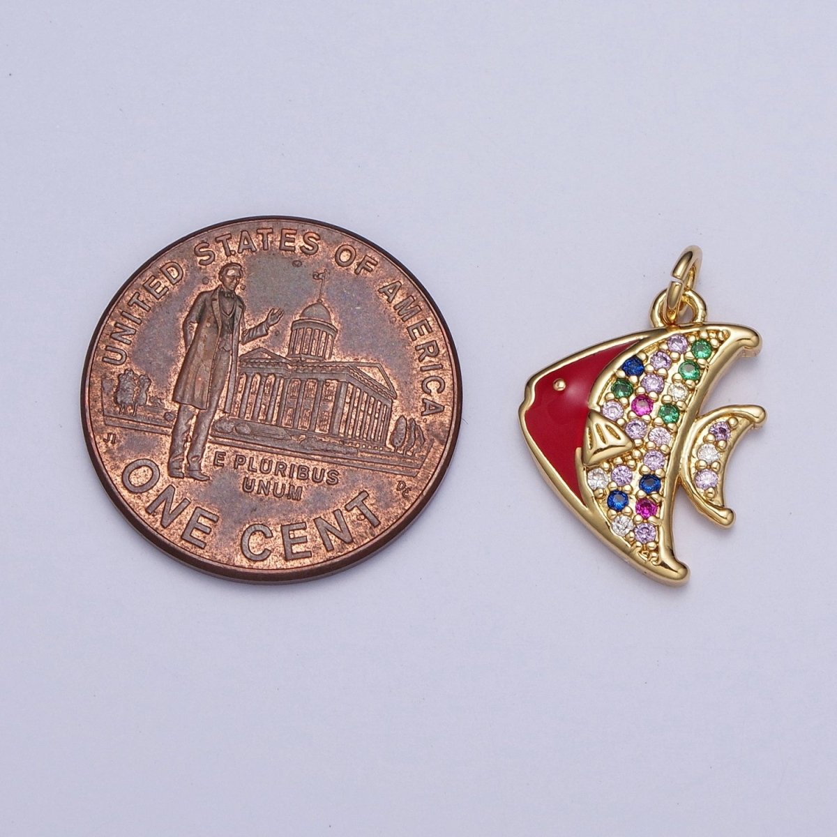 Gold Rainbow Spadefish Charm, Multicolor CZ Red Enamel Fish Sea Wildlife Charm For Jewelry Making AG-120
