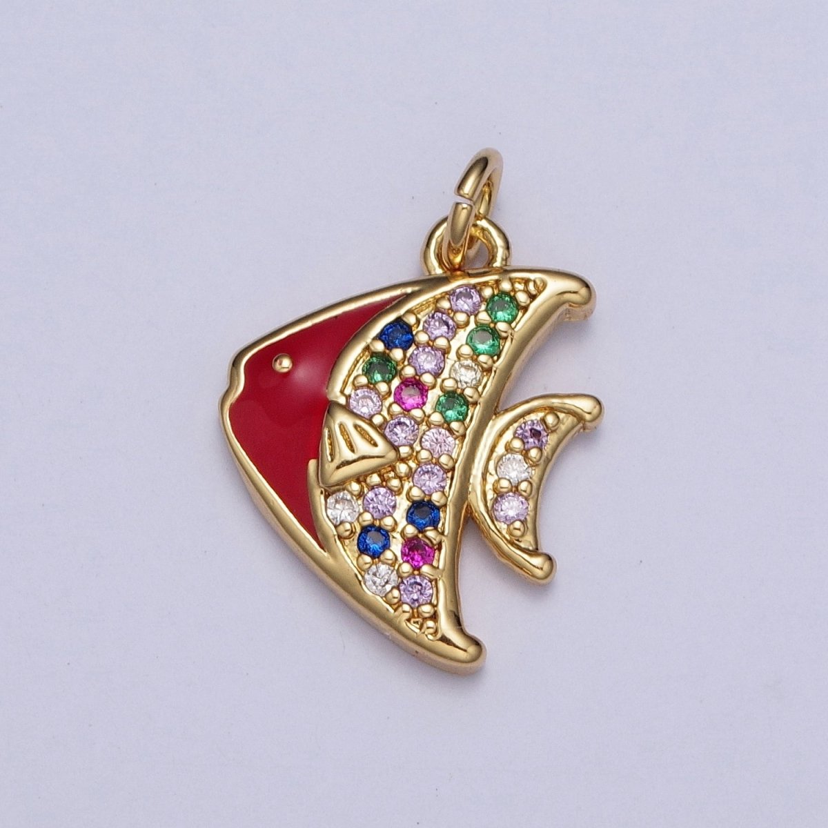 Gold Rainbow Spadefish Charm, Multicolor CZ Red Enamel Fish Sea Wildlife Charm For Jewelry Making AG-120