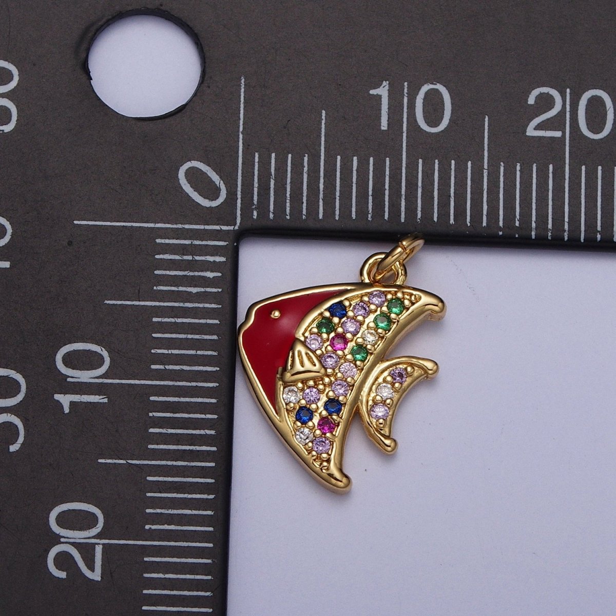 Gold Rainbow Spadefish Charm, Multicolor CZ Red Enamel Fish Sea Wildlife Charm For Jewelry Making AG-120