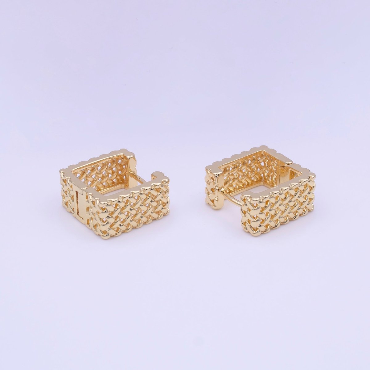 Gold Rattan Textured Geometric Boxy Huggie Earrings | AD-221