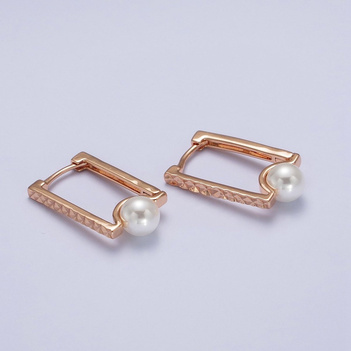 Gold Rectangle Hoop Textured Earrings Diamond Cut Geometric Earrings Pearl Hoop Earrings | AB125