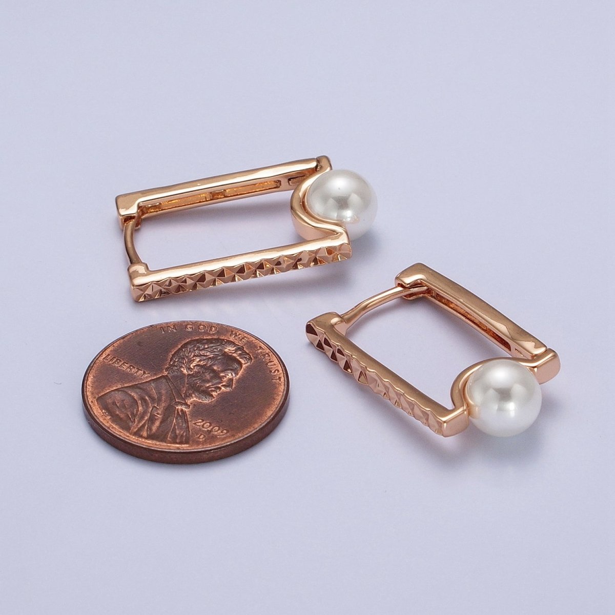 Gold Rectangle Hoop Textured Earrings Diamond Cut Geometric Earrings Pearl Hoop Earrings | AB125