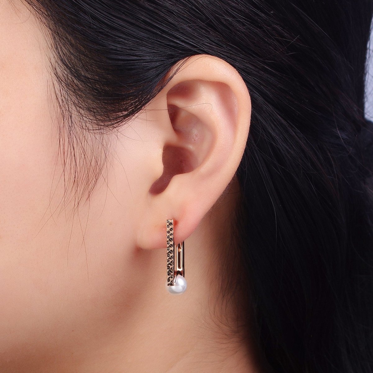 Gold Rectangle Hoop Textured Earrings Diamond Cut Geometric Earrings Pearl Hoop Earrings | AB125