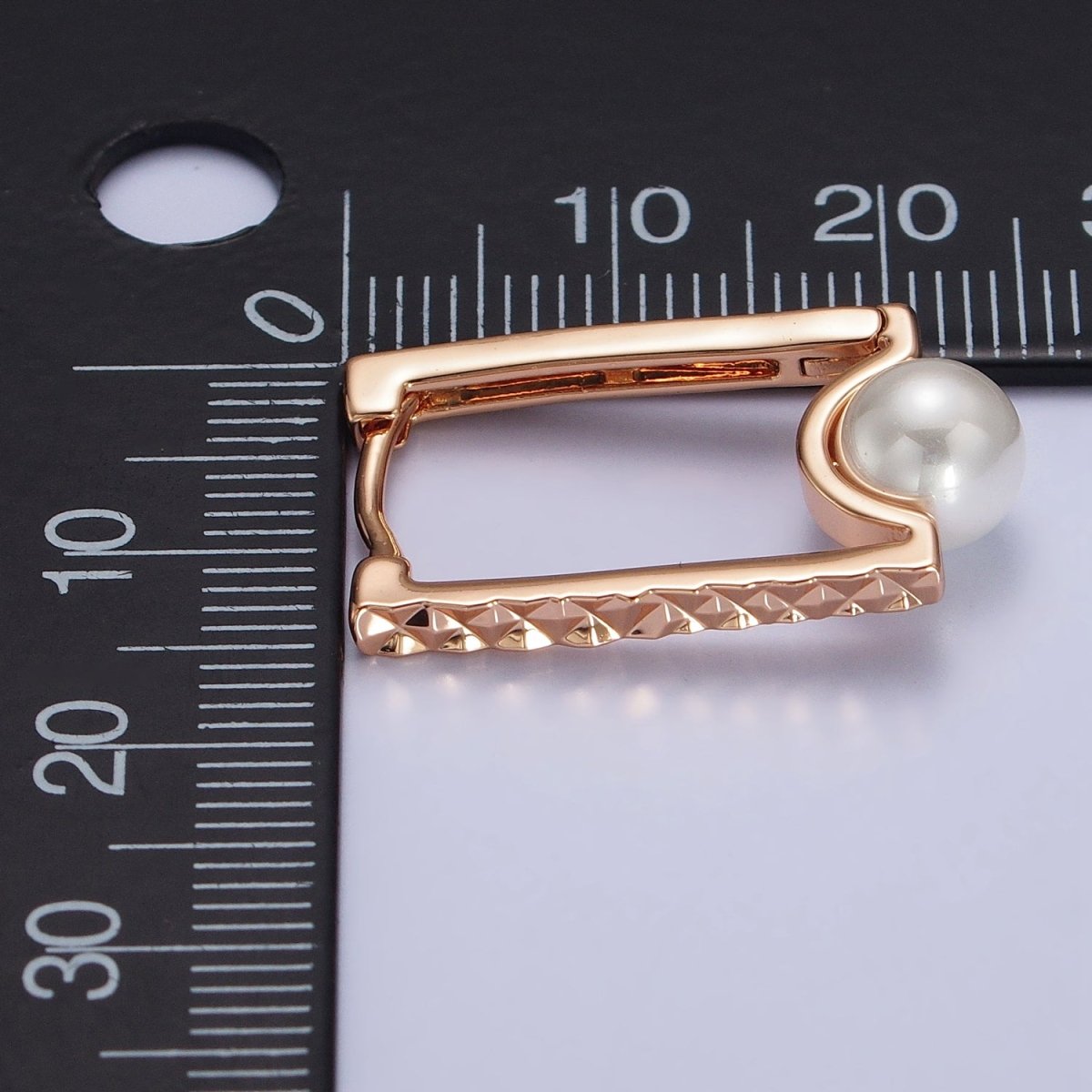 Gold Rectangle Hoop Textured Earrings Diamond Cut Geometric Earrings Pearl Hoop Earrings | AB125