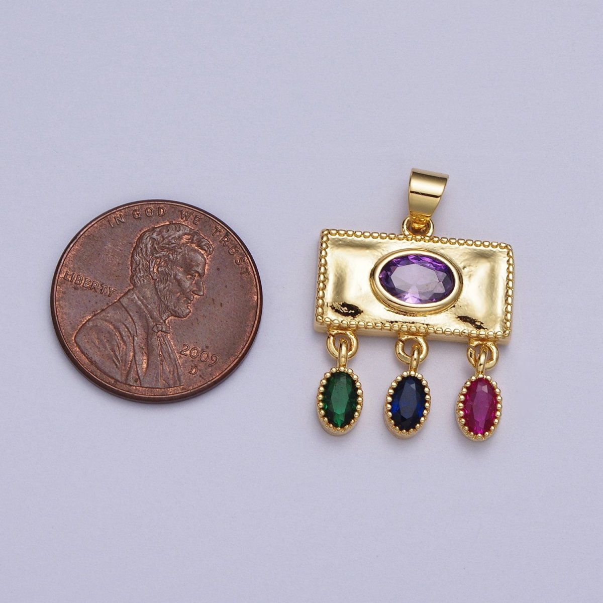 Gold Rectangular Purple Oval Multicolor CZ Dangle Pendant | AA009