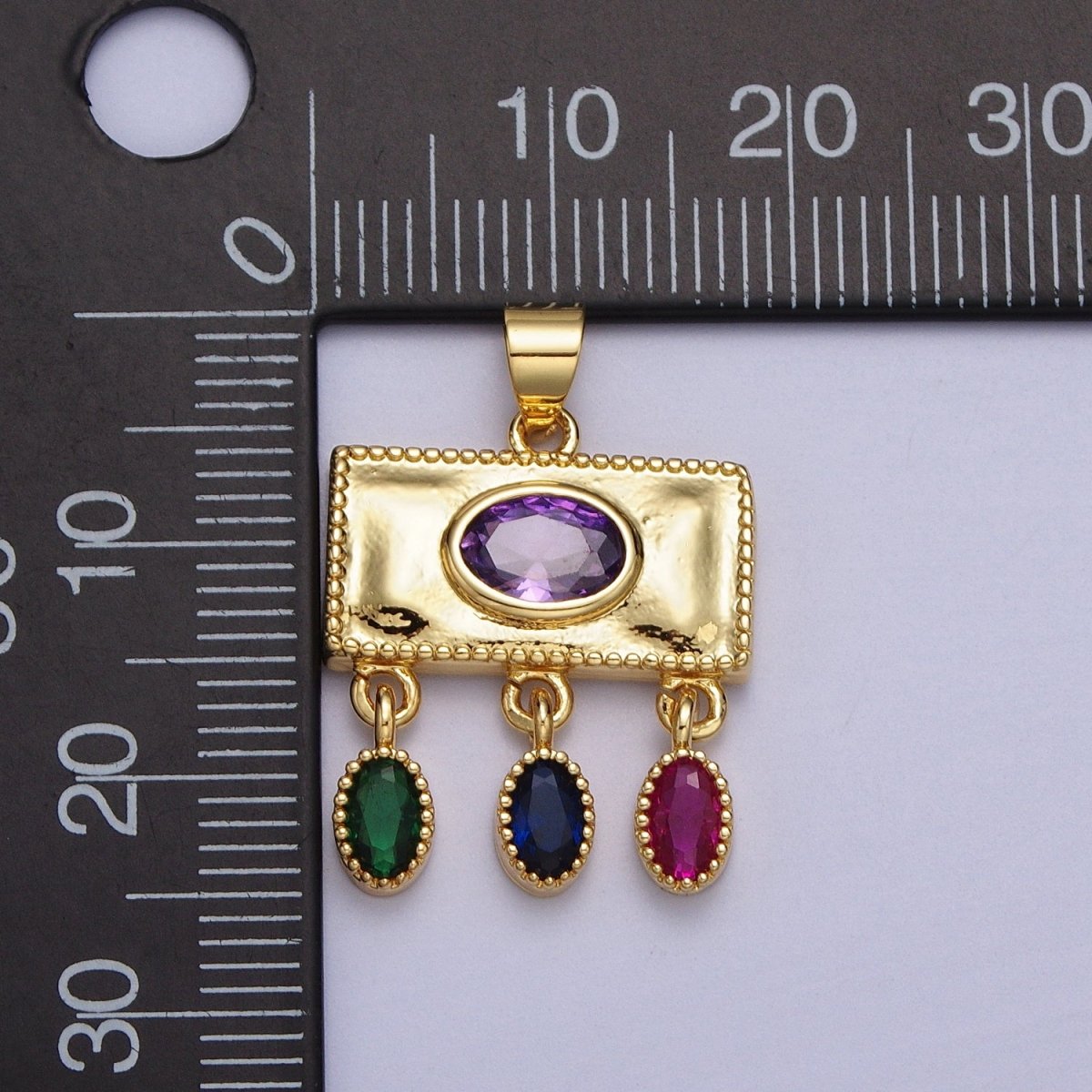 Gold Rectangular Purple Oval Multicolor CZ Dangle Pendant | AA009