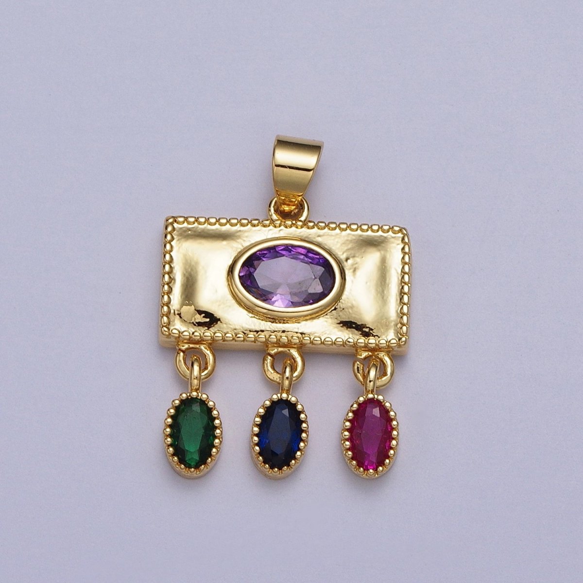 Gold Rectangular Purple Oval Multicolor CZ Dangle Pendant | AA009