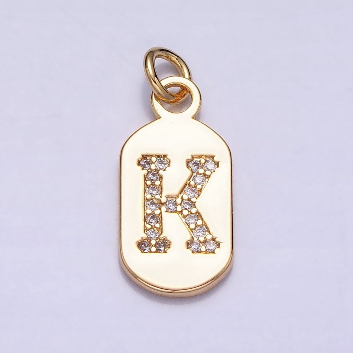Gold Rectangular tag CZ Clear Micro Paved Personalized Initial Alphabet Name Tag Charm | A-070-A-082